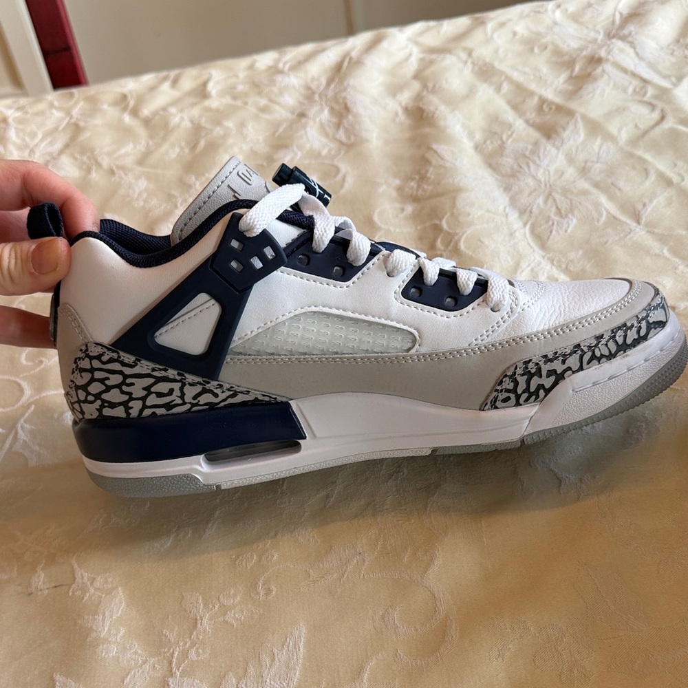 Jordan Kids White and Navy Basketball Sneakers with Grey Elephant Print - Picture 7 of 9